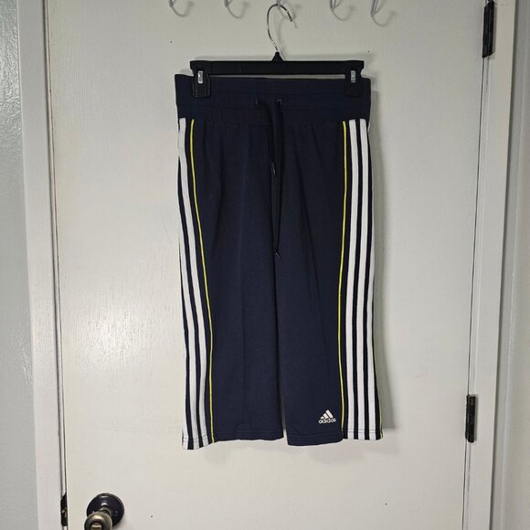Adidas Navy Blue 3-Stripe Cropped Track Pants - Neon Yellow Accent - Size S - Picture 2 of 8